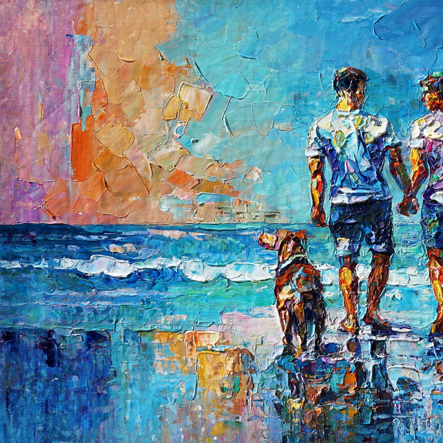 Dipinto moderno Coppia a passeggio sulla spiaggia 75x115cm