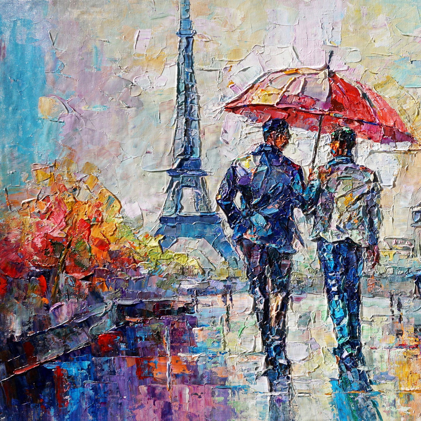 Dipinto moderno Coppia a passeggio a Parigi Torre Eiffel 75x115cm