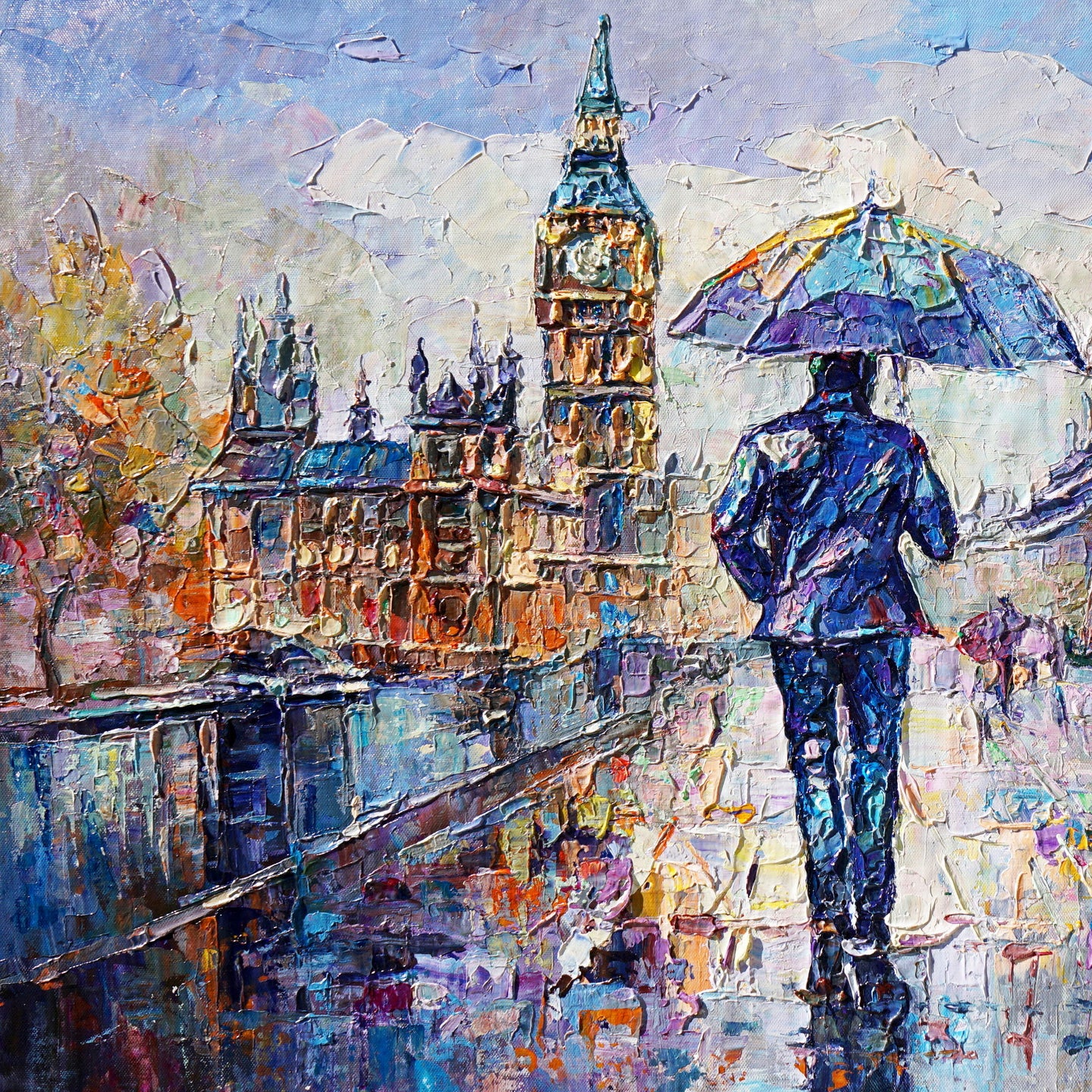 Dipinto Moderno Passeggiata sotto la pioggia a Londra 75x115cm