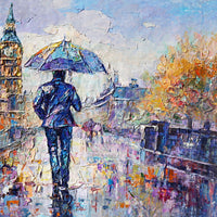 Dipinto Moderno Passeggiata sotto la pioggia a Londra 75x115cm