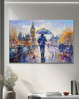 Dipinto Moderno Passeggiata sotto la pioggia a Londra 75x115cm