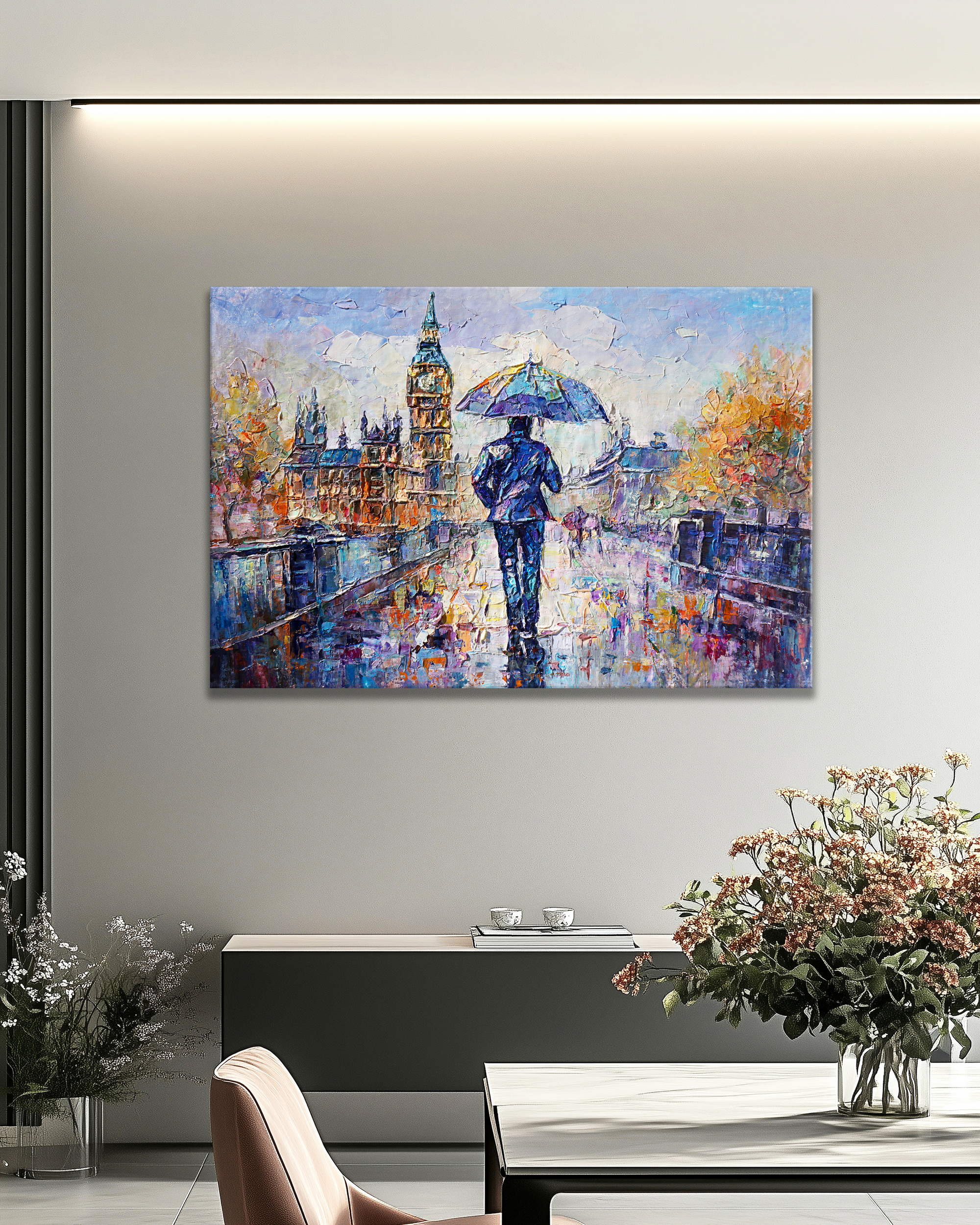 Dipinto Moderno Passeggiata sotto la pioggia a Londra 75x115cm