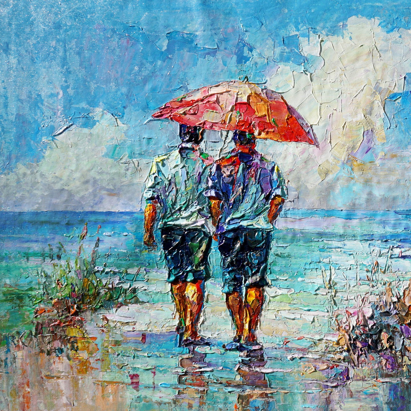 Dipinto moderno Coppia a passeggio sulla spiaggia 75x115cm